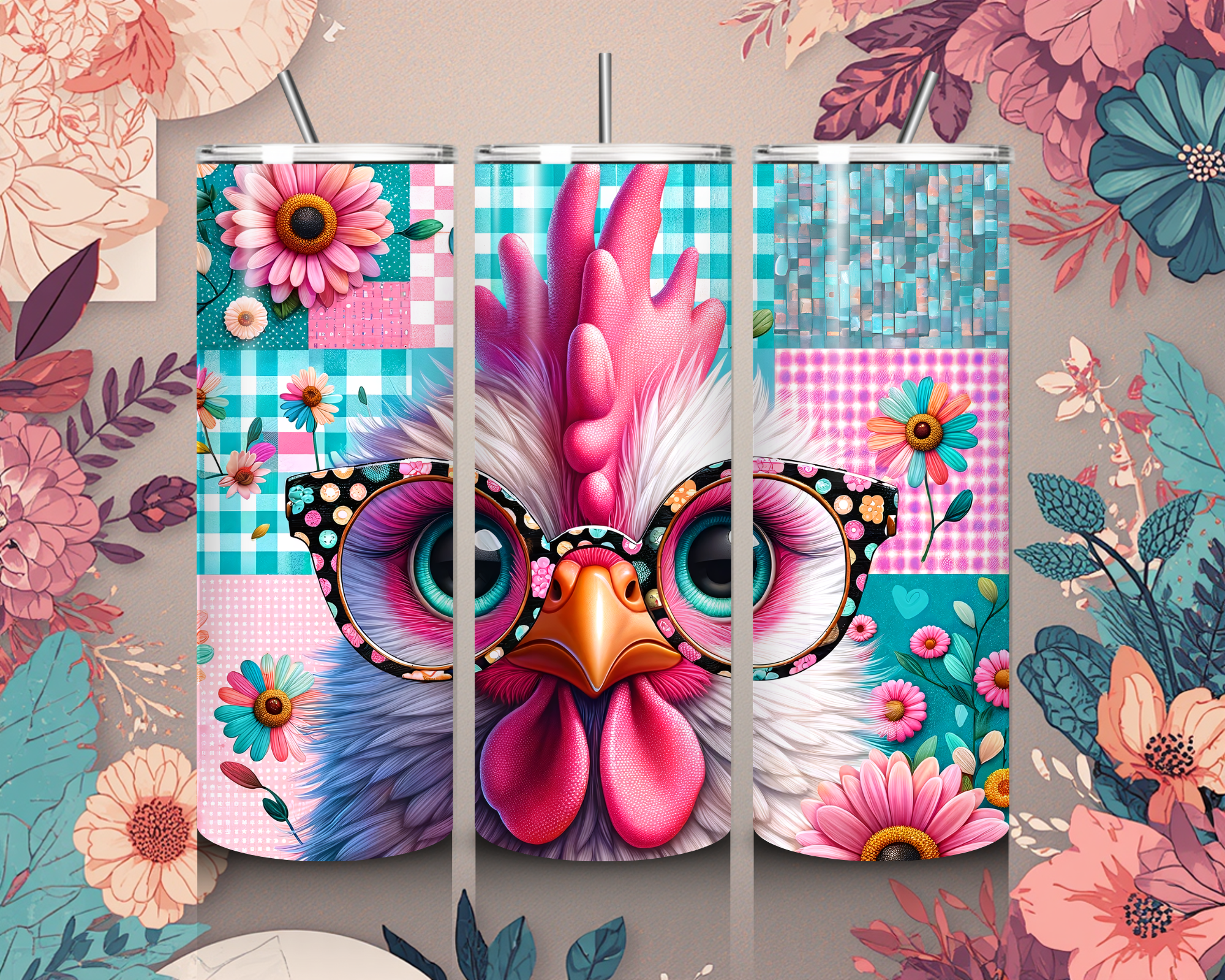 Chicken Tumbler - 20 oz Skinny Farmhouse Patchwork Floral Drinkware