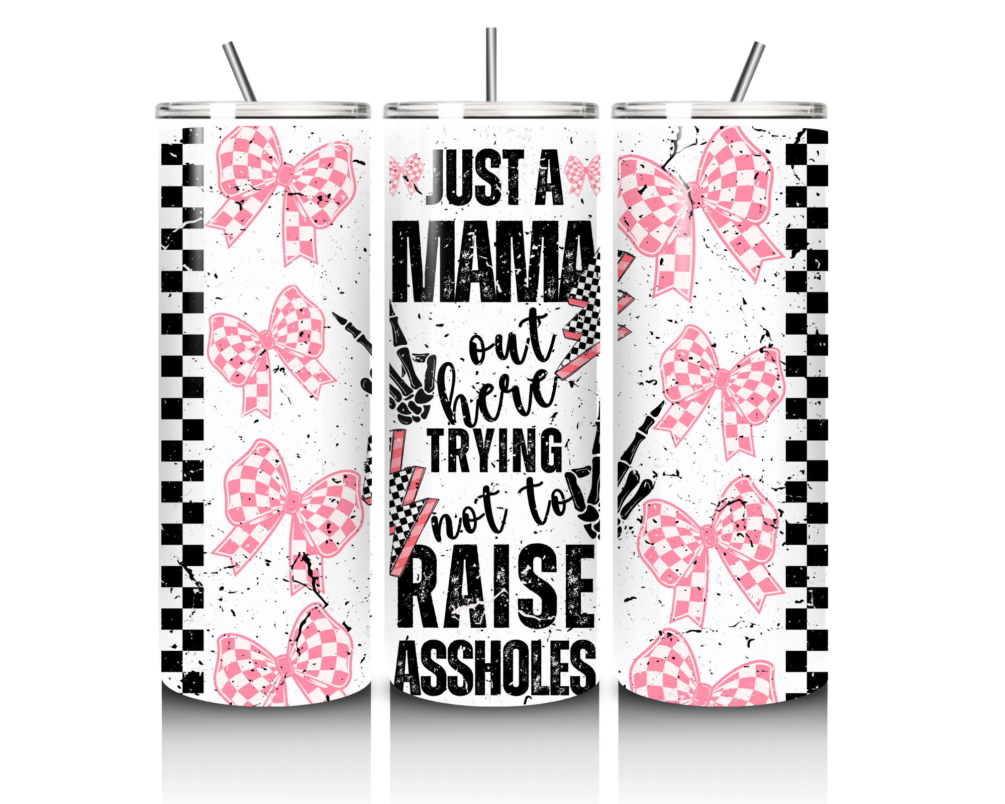 Funny Mom Tumbler – 20oz Skinny Stainless Steel Insulated Travel Mug with Pink Bow