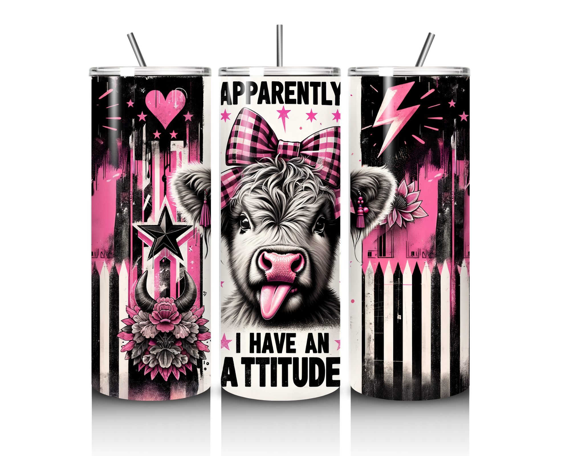 20oz Skinny Tumbler | Pink Highland Cow Cup - Vacuum Insulated Western Cowgirl Gift