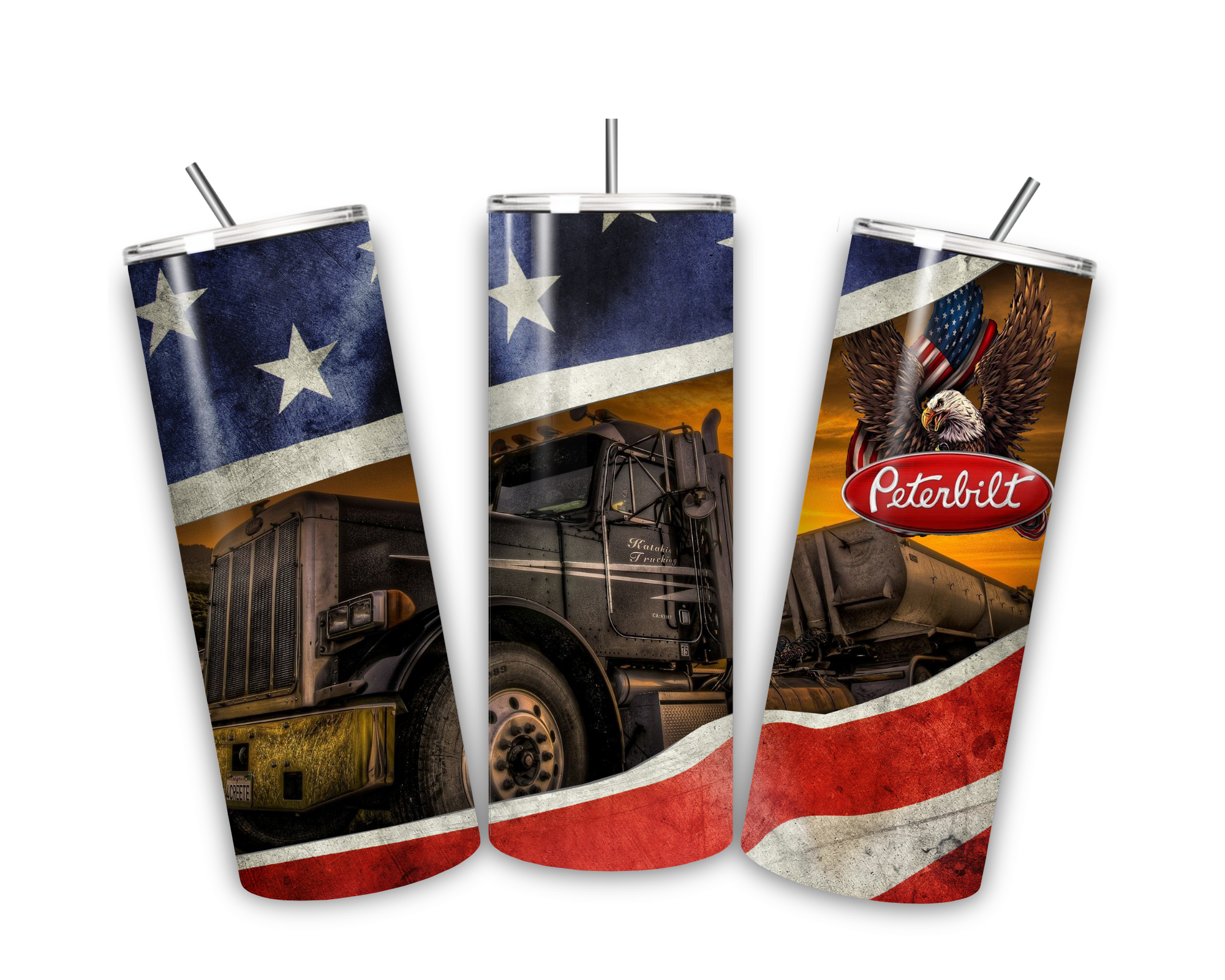 American Flag Tumbler – 20oz Skinny Stainless Steel Cup | Patriotic Truck Driver Gift