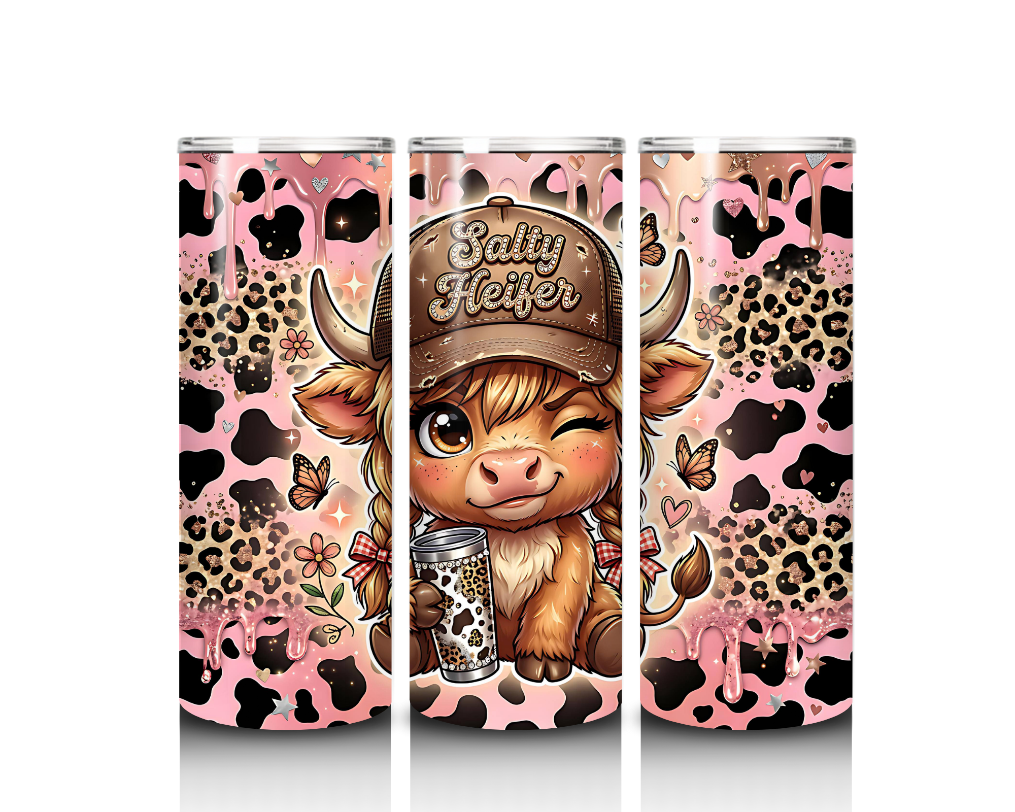 20oz Skinny Tumbler – Pink Cow Print Tumbler | Stainless Steel Cup | Western Cow Cup