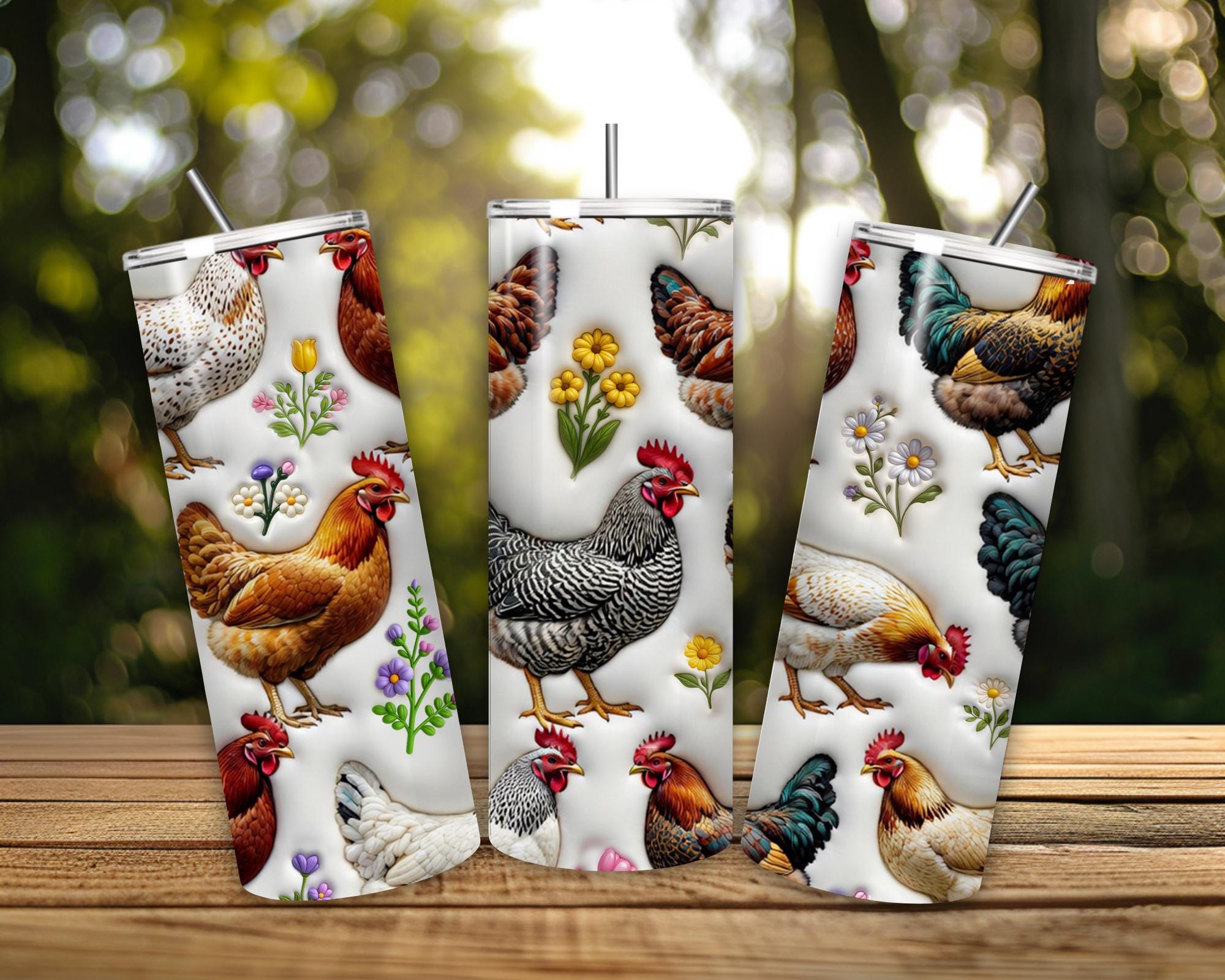 Farmhouse Chicken Tumbler – 20 oz Skinny Rustic Floral Cup with Reusable Straw