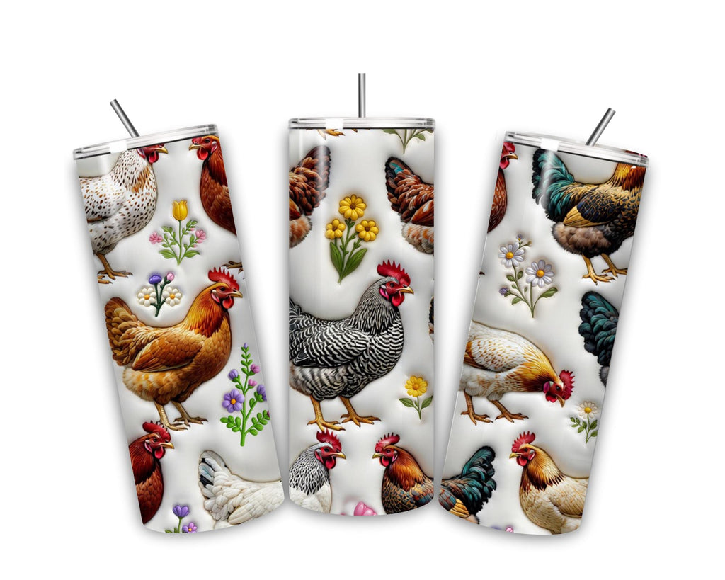 Farmhouse Chicken Tumbler – 20 oz Skinny Rustic Floral Cup with Reusable Straw