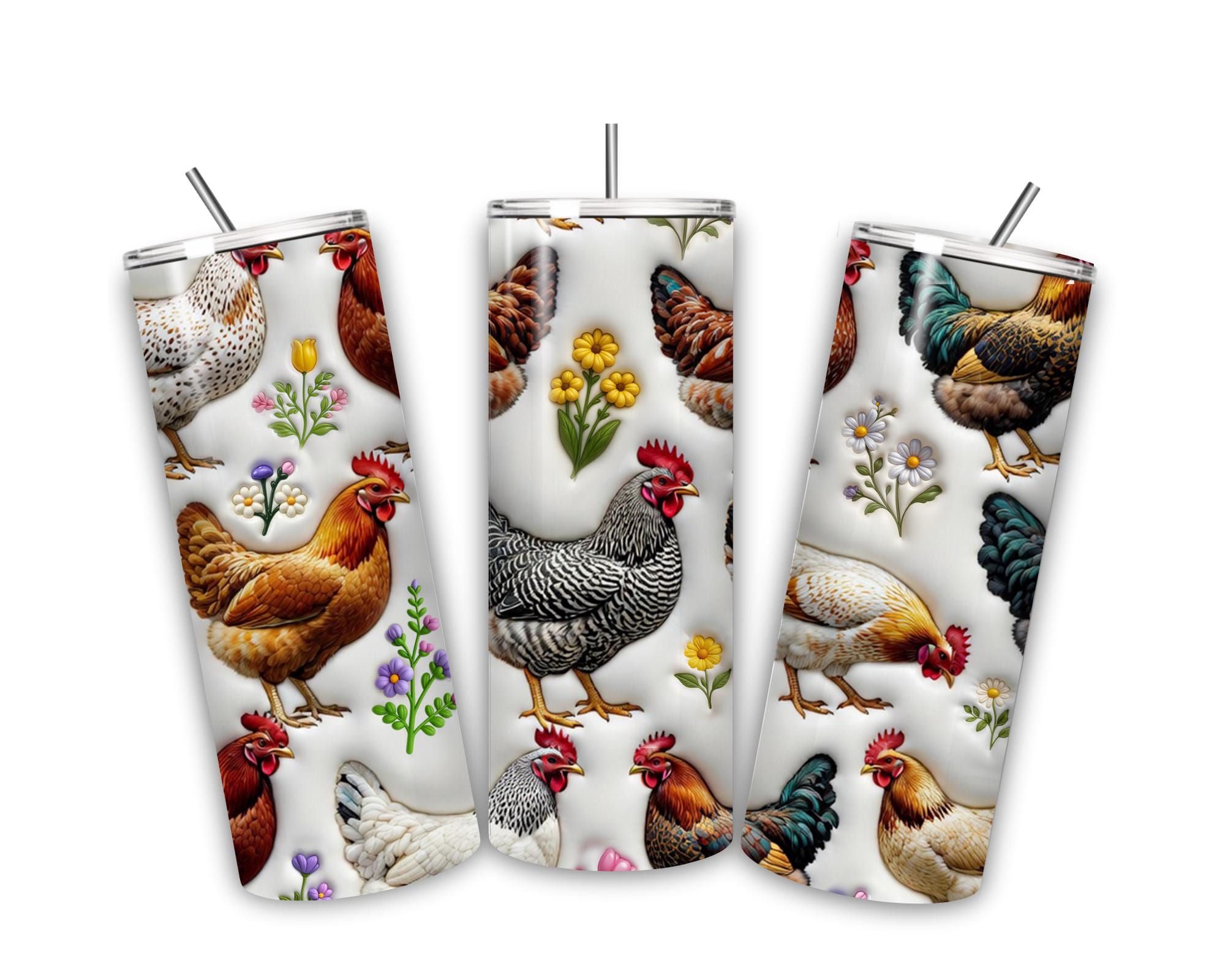 Farmhouse Chicken Tumbler – 20 oz Skinny Rustic Floral Cup with Reusable Straw
